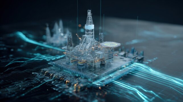 Futuristic offshore oil rig surrounded by glowing digital network lines in a dark ocean setting.