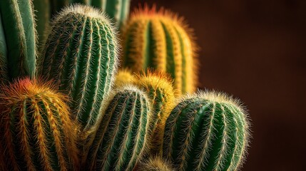 Close-up of green and golden cacti, with spiky textures and blurred brown background, emphasizing natural beauty