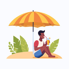 A man relaxing on the sand under a striped beach umbrella, enjoying a refreshing tropical drink.