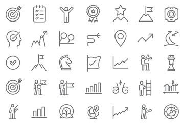Fototapeta premium UntitledVector art of line art icons representing business goals, strategy, and success isolated on white background, showcasing targets, achievements, and planning for effective leadership and growth