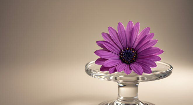 Captivating close-up of a vibrant purple daisy elegantly positioned on a delicate glass pedestal, showcasing its radiant petals against a serene backdrop, evokes beauty and simplicity, ideal for - Powered by Adobe