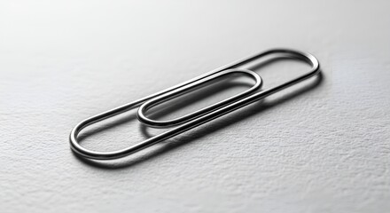 A single, silver-colored paperclip lying diagonally on a textured, light gray or white surface, casting a soft shadow.