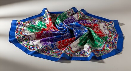 A folded silk scarf with an intricate pattern of green, red, purple, and blue, bordered by a solid blue edge, resting on a white surface.