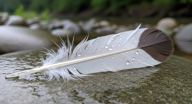 A single white and brown feather with water droplets rests on a smooth rock near a flowing river. - Powered by Adobe