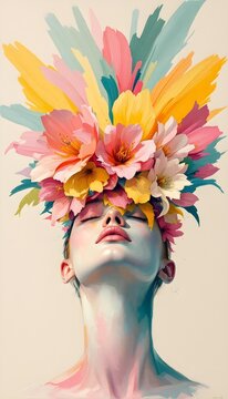 Front view portrait of neurodivergent woman with large pastel flowers exploding from head symbolizing neurodiversity creativity and inner strength