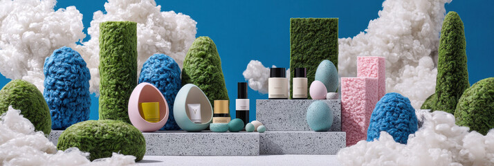 Surreal landscape with colorful textured egg shapes and geometric blocks surrounded by fluffy white clouds under clear blue sky