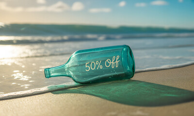 Botol kaca, 50% botol, pantai di atas pasir air, A striking turquoise bottle with a special offer washes up on a tranquil, sun-drenched beach.