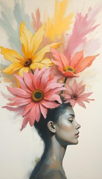Front view portrait of neurodivergent woman with large pastel flowers exploding from head symbolizing neurodiversity creativity and inner strength