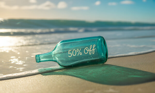 Botol kaca, 50% botol, pantai di atas pasir air, A striking turquoise bottle with a special offer washes up on a tranquil, sun-drenched beach.