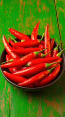 Red chili pepper with green stem in black bowl on rustic green wooden table, fresh spicy vegetable for cooking and healthy food