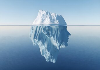 Iceberg with underwater autistic adult personface silhouette symbolizing neurodiversity subconscious mind and deep cognitive processes