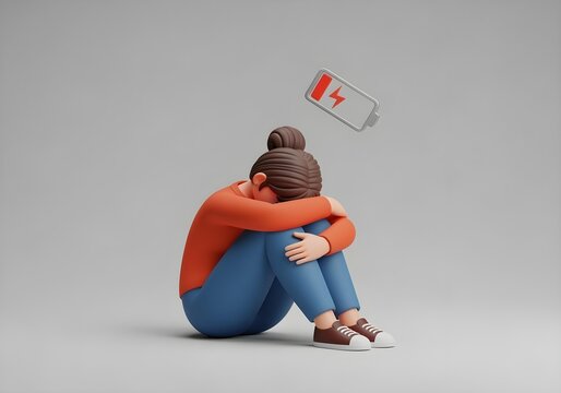 3D illustration of autistic adult woman sitting with low battery icon above symbolizing burnout fatigue mental health awareness and neurodiversity challenges