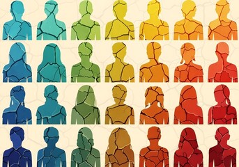 Cracked mosaic silhouettes in gradient rainbow colors symbolizing neurodiversity autism inclusion equality and emotional resilience conceptual diversity art