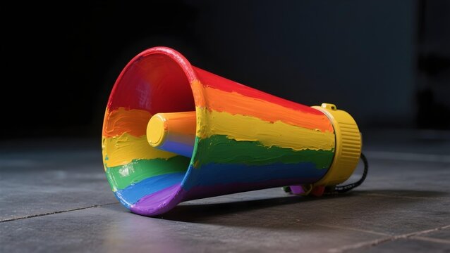 Rainbow painted megaphone on floor symbolizing inclusion pride advocacy and awareness for neurodiversity mental health and autism spectrum community support