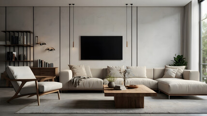 Fototapeta premium Clean minimalist interior featuring wall mounted TV white walls and soft ambient lighting perfect for product mockup