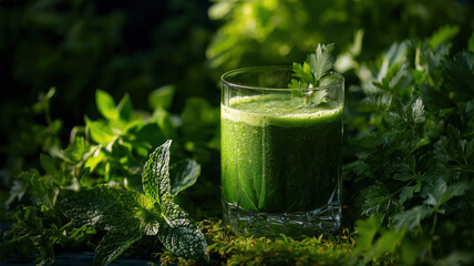 Green smoothie in a clear glass surrounded by fresh herbs