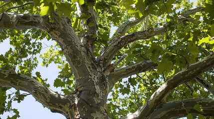 Obraz premium Majestic Sycamore Trees: Iconic Species with Large, Lobed Leaves, Smooth White Bark, and Spreading Canopies, Thriving in Urban Parks, Woodlands, and Riverbanks, Capturing Natural Beauty for Botanical 