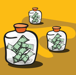 Saving money in glass jars depicts investment and financial security