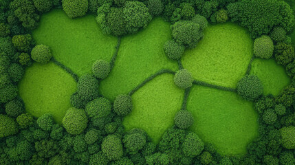 Green aerial landscape with connected tree clusters and open grassy areas creating natural network pattern in forest environment