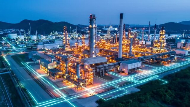 Aerial View of a Glowing Oil Refinery at Night with Futuristic Data Network Integration for Energy