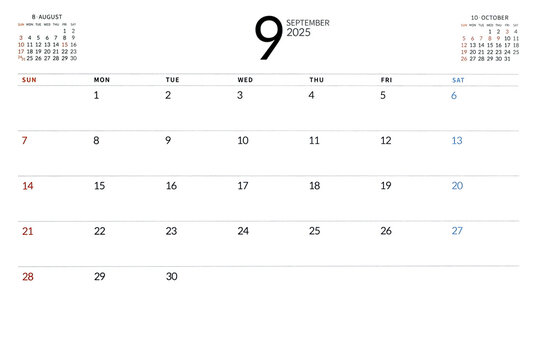 September 2025 calendar with white background, new plans for 2025