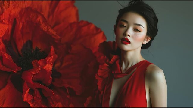 Elegant Asian woman in red dress with bold red lipstick and large poppy flower backdrop, fashion portrait with dramatic floral design and minimal grey background
