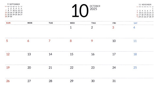 October 2025 calendar with white background, new plans for 2025