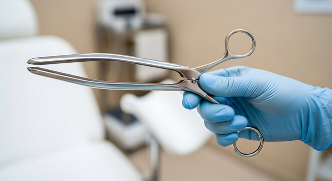 A gynecologist's hand in a sterile blue glove holds surgical forceps in a modern medical clinic examination room