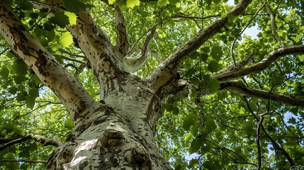 Majestic Sycamore Trees: Iconic Species with Large, Lobed Leaves, Smooth White Bark, and Spreading Canopies, Thriving in Urban Parks, Woodlands, and Riverbanks, Capturing Natural Beauty for Botanical 