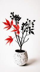 Red maple leaf branch with black berries in white speckled ceramic pot creates striking contrast and elegant minimalism