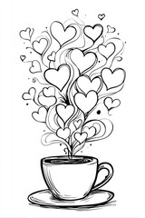 Black and white illustration of a coffee cup with hearts swirling around it