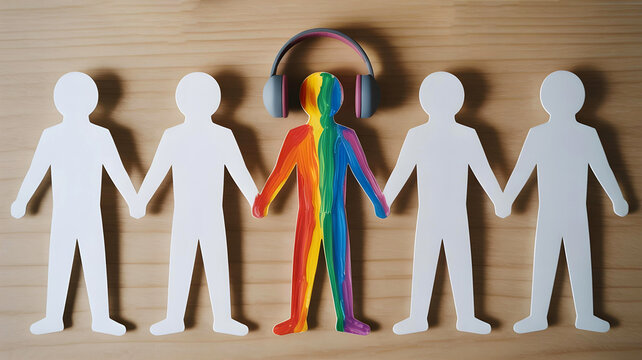 Paper cutout figures with central rainbow painted person wearing headphone symbolizing autism spectrum sensory processing and inclusion - Powered by Adobe
