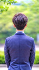 Young man wearing blue suit standing outdoors with green blurred background, showing back view and short hair in natural light
