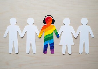 Paper cutout figures with central rainbow painted person wearing headphone symbolizing autism spectrum sensory processing and inclusion