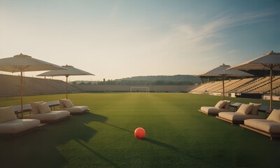 Bola merah di lapangan sepak bola Serene morning light illuminates an empty sports stadium transformed into a luxurious outdoor lounge area