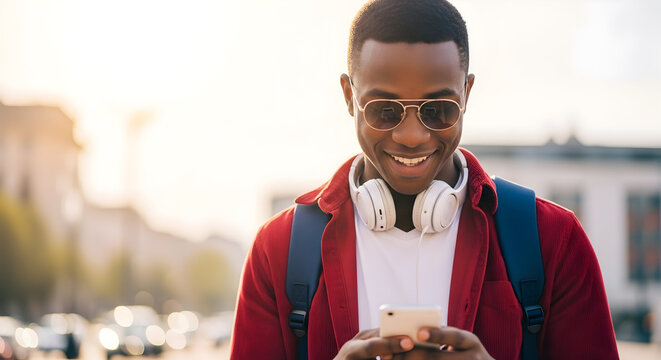 Happy young man using smartphone outdoors in city smiling headphones backpack student technology travel urban lifestyle communication social media mobile phone connection