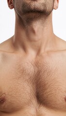 Close up of a male chest and neck with trimmed hair on plain white background
