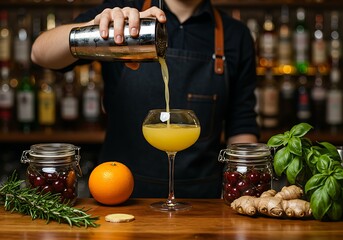A stylish image of a bartender preparing a drink, surrounded by fresh fruits and herbs on a rustic bar top.