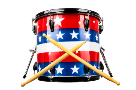 Star-spangled drum with crossed sticks on a white background