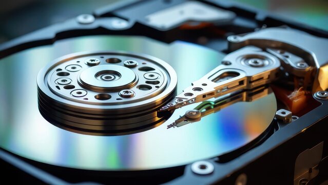 Macro View of Open Hard Drive with Reflective Platter and Read/Write Head
