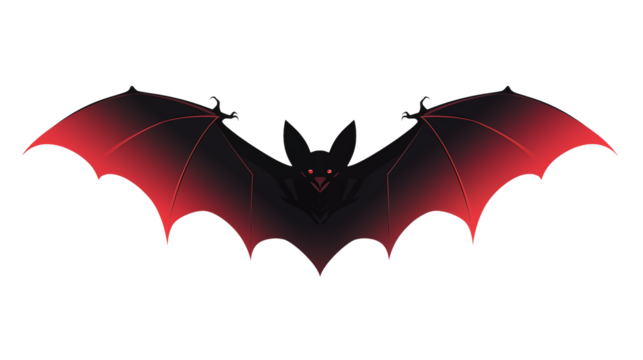 Fearsome dark bat with glowing red eyes and striking red-tipped wings spreads its powerful silhouette, evoking mystery and nocturnal power for your chilling designs.