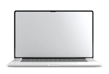 Front view of a light gray laptop with a blank screen.  Modern design, sleek appearance
