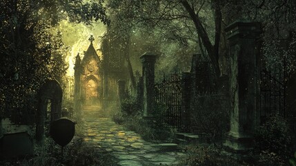 A mysterious, moonlit path through a shadowed graveyard.
