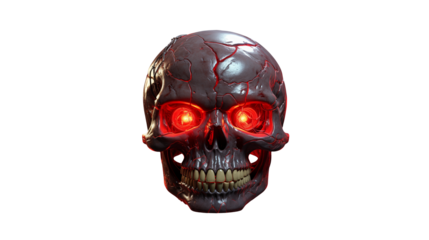 Intense glowing red eyes pierce through a cracked, menacing skull, exuding a powerful, dark, and mysterious aura perfect for horror or gaming themes.