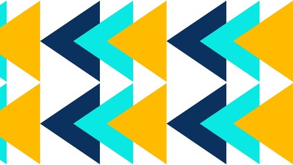 Repeating pattern of blue cyan and yellow triangles pointing left on a white background surface design