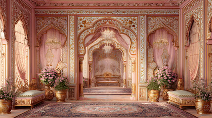 Obraz premium Ornate pink and gold colored middle eastern style palace interior with intricate patterns and luxurious fabrics. Ornate Palace Interior. Illustration