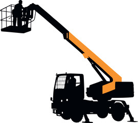 silhouette of aerial work platform bucket  with truck on eps white background