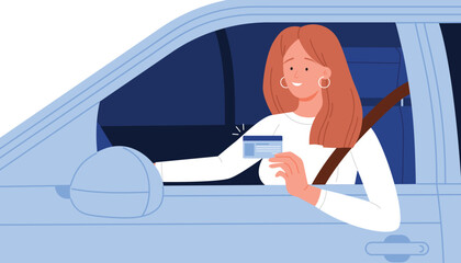 Smiling woman sitting in car holding up her driver license, wearing seatbelt, demonstrating identification and safe driving concept, isolated on white background vector illustration
