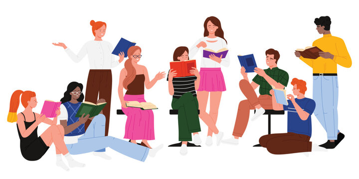 People read books from library together, reading club gathering, bookcrossing. Young smart students crowd and happy friends group studying, characters holding books cartoon vector illustration - Powered by Adobe