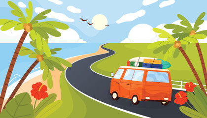 Fototapeta premium Vantage van with surfboards driving along a winding coastal road surrounded by palm trees, flowers, blue sea, and sunny sky, capturing tropical summer travel adventure vector illustration